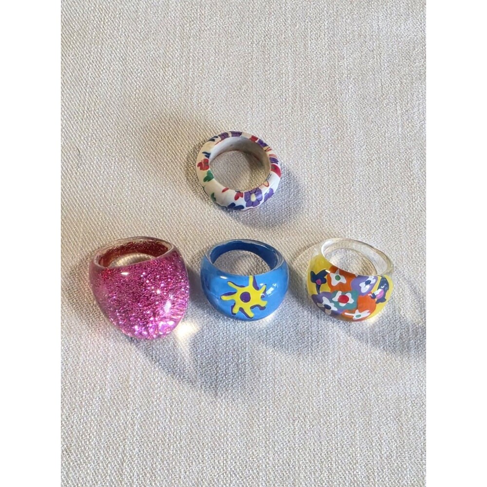 3 Vintage Y2K Reverse Paint Plastic Acrylic Dome Rings + Bonus Polymer Clay Ring